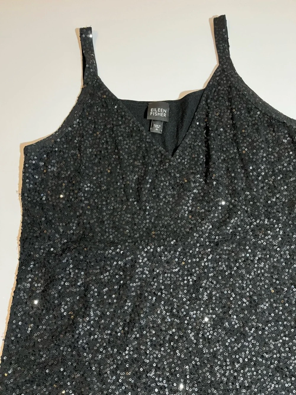 Eileen Fisher Black Sequin Silk Blend Sleeveless Shift Short Dress V Neck Medium - Picture 2 of 10